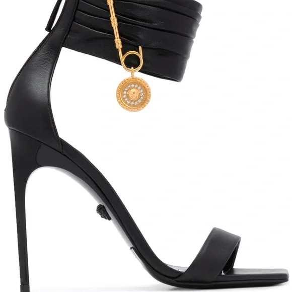 VERSACE bLack lamb leather sandals safety pin 36